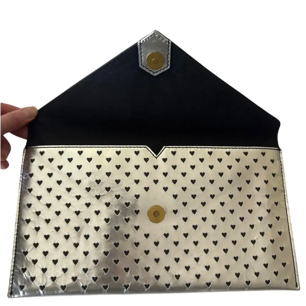 J.CREW 100% Leather Heart Clutch Purse Silver Style A7607